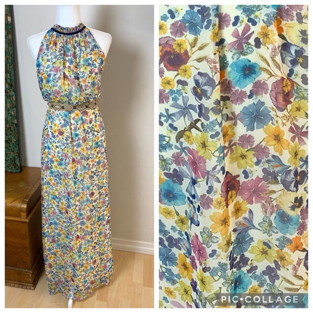 Chetta B Floral Halter Ruffle Neck Maxi Dress Size 6 Multicolor